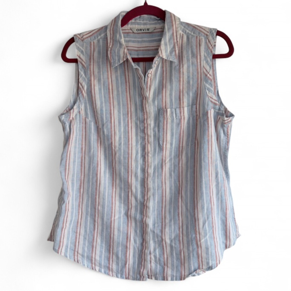 Orvis Women's Linen Blend Striped Sleeveless Button Down Shirt Size M